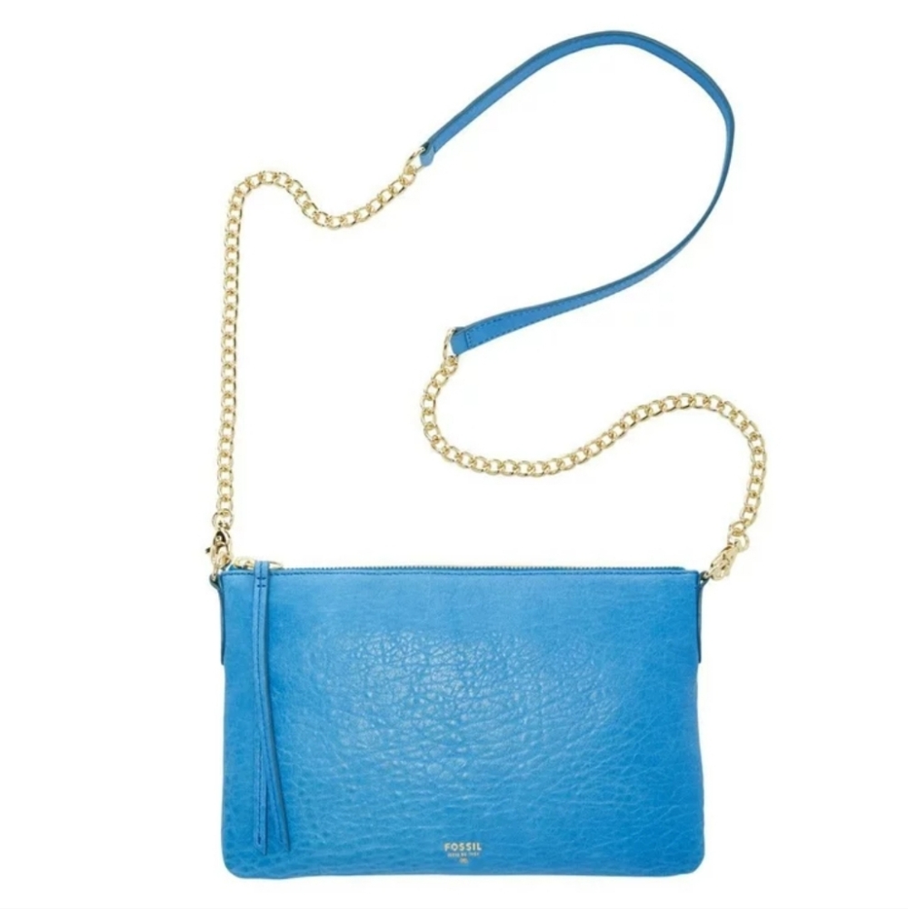 FOSSIL | Sydney Lamb Leather Top Zip Chain Crossbody Shoulder Bag Blue